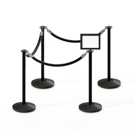 MONTOUR LINE Stanchion Post and Rope Kit Black, 4FlatTop 3Blk Rope 8.5x11H Sign C-Kit-3-BK-FL-1-Tapped-1-8511-H-3-PVR-BK-PS